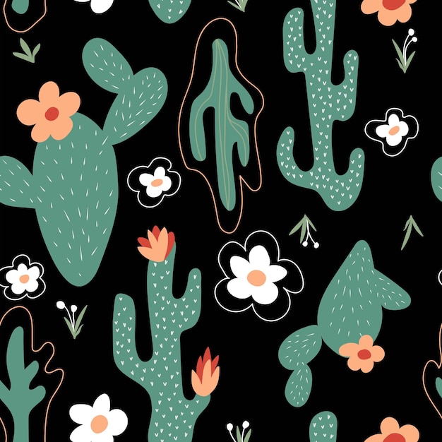 Seamless pattern with cactus flowers grass