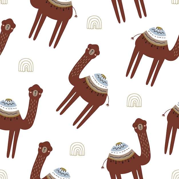 Seamless pattern with camel in boho style cute animal and elements on white background creative childish texture vector illustration