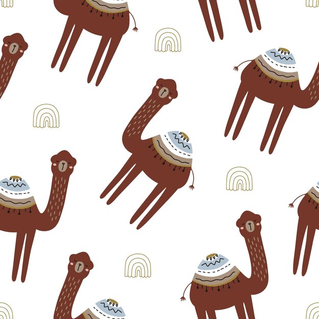 Vector seamless pattern with camel in boho style cute animal and elements on white background creative childish texture vector illustration