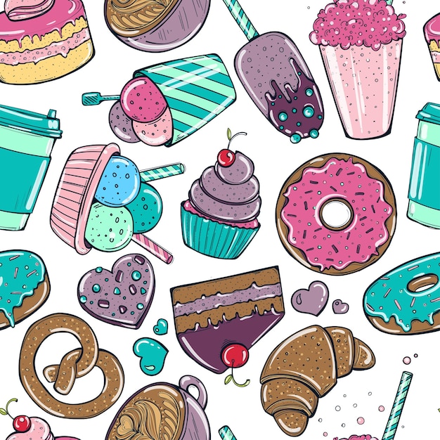 Seamless pattern with candy donuts sweet icecream and other tasty elements