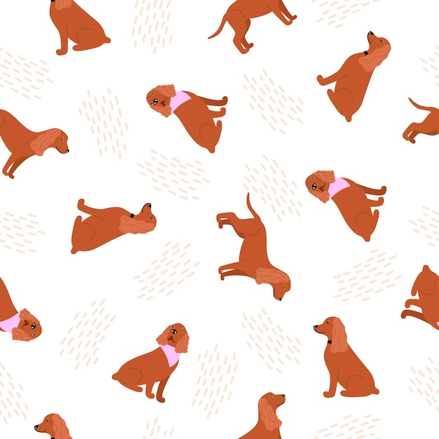 Vector seamless pattern with canine american or english cocker spaniel dog breed. cartoon character animal