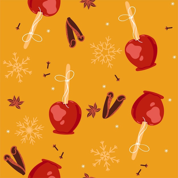 Seamless pattern with caramel apples on a yellow background Vector graphics