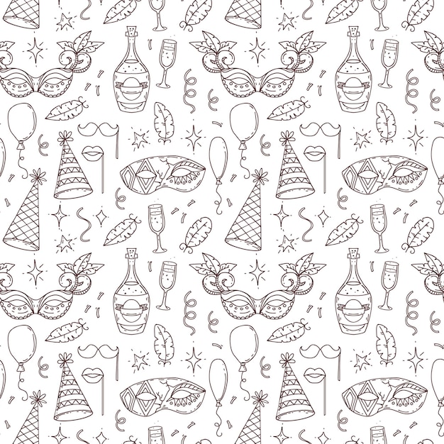 Seamless pattern with carnival symbols, in doodle style  , venetian carnival elements