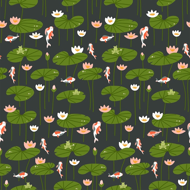 Vector seamless pattern with carp and lotus on dark