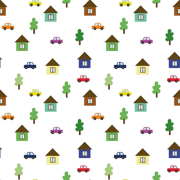 Seamless pattern with cars trees and houses vector illustration