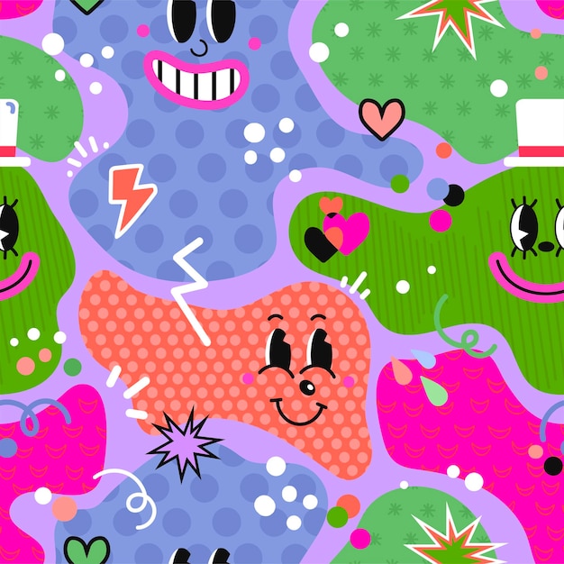 Seamless Pattern with Cartoon Abstract Funny Comic Characters