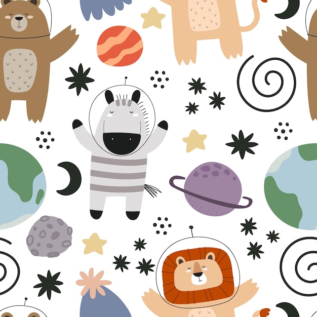 seamless pattern with cartoon animals in space planet moon