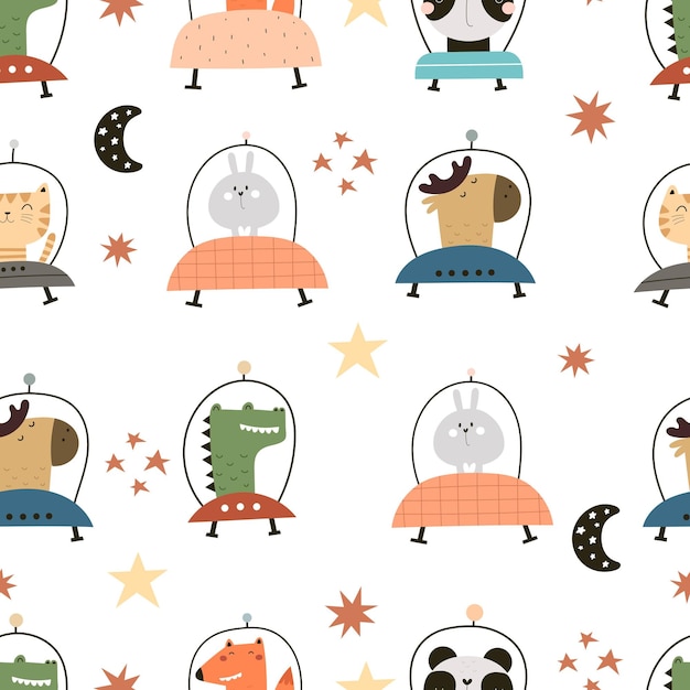 seamless pattern with cartoon animals in space, stars, decor elements