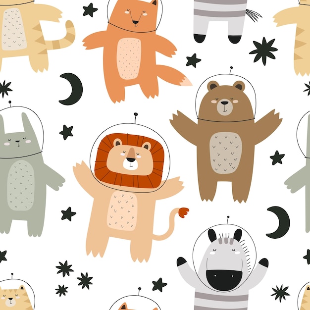 seamless pattern with cartoon animals in space, stars