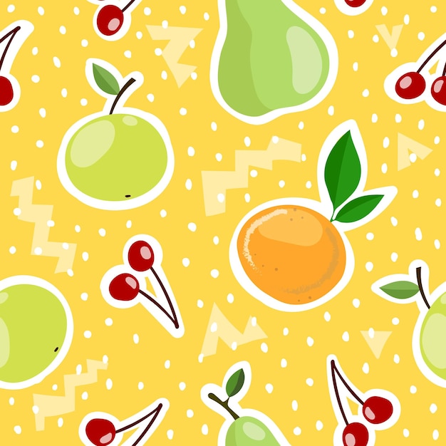 Seamless pattern with cartoon apples, pears, oranges, cherries, decor elements