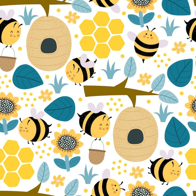 seamless pattern with cartoon bees, flowers