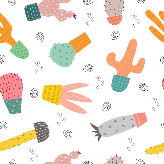 Seamless pattern with cartoon cacti. plants.