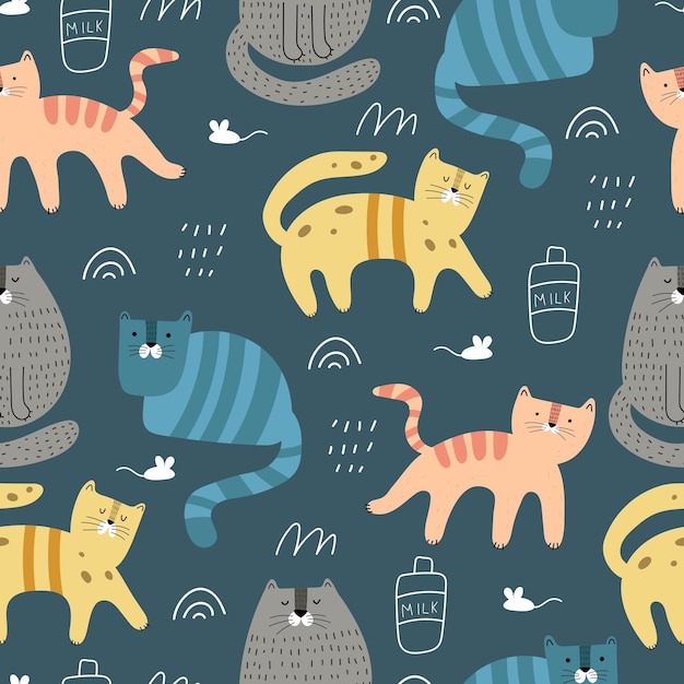 seamless pattern with cartoon cats, milk