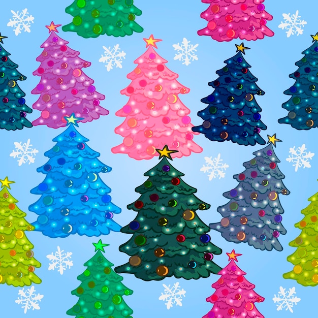 Seamless pattern with cartoon Christmas trees. Festive wrapping paper, fabric, vector