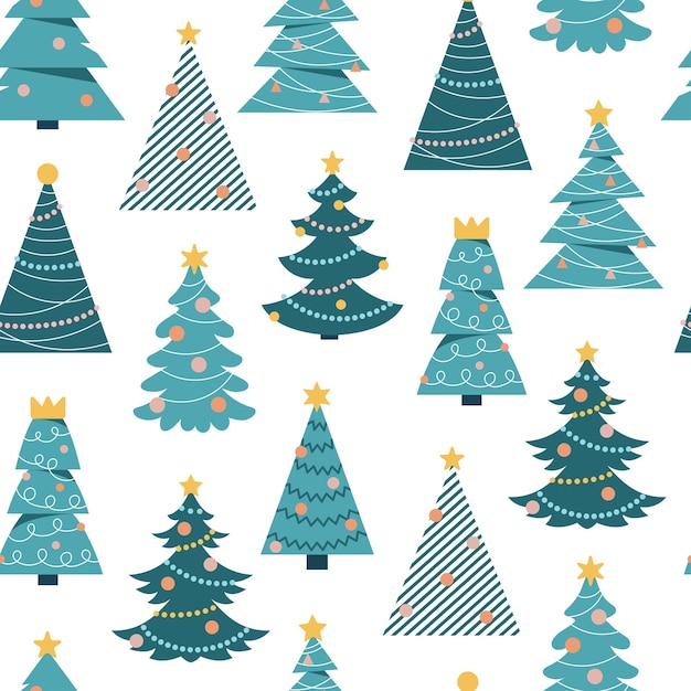 Seamless pattern with cartoon Christmas trees on a white background Simple scandinavian