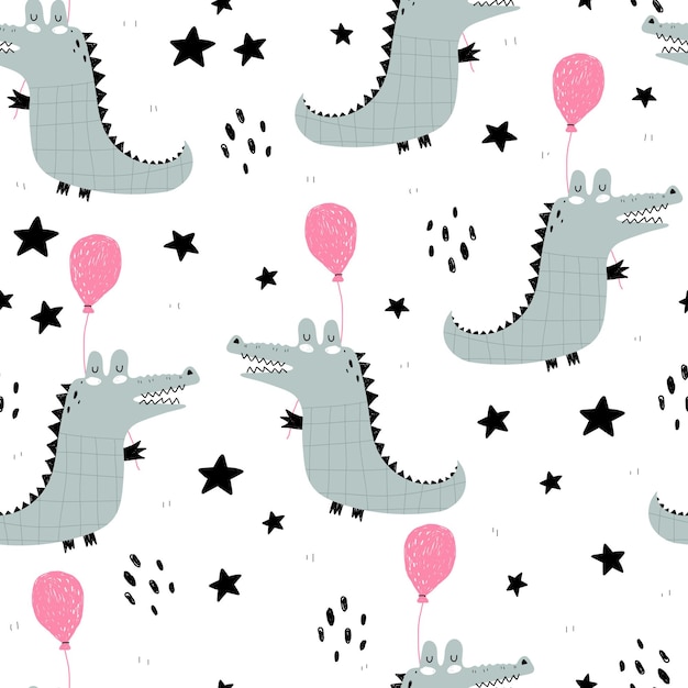 Seamless pattern with cartoon crocodiles