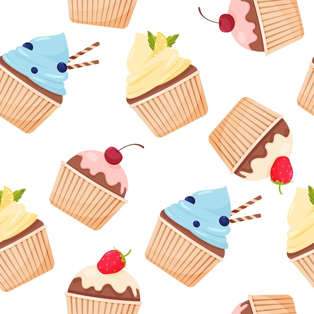 Seamless pattern with cartoon cupcakes