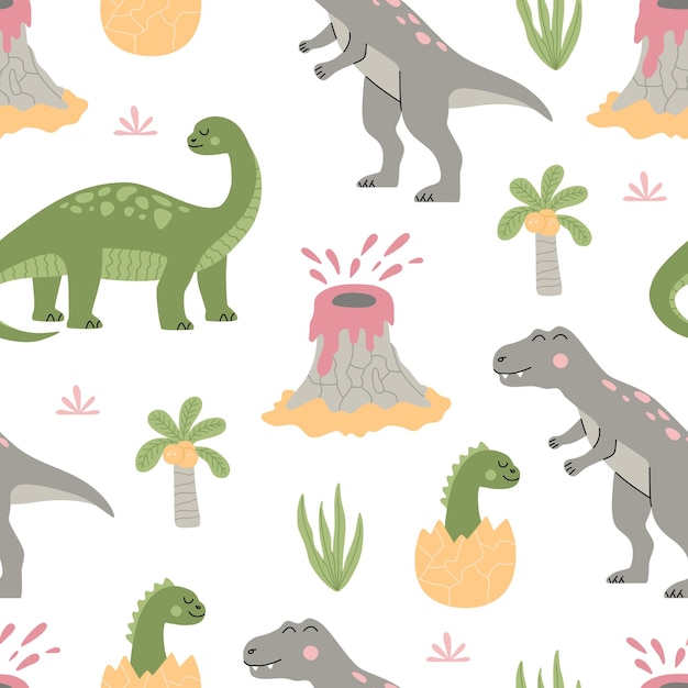 Seamless pattern with cartoon cute dinosaurs, tropical plant, palm and volcano. Colorful animals isolated on white background. Hand drawn vector illustration in trendy flat style.