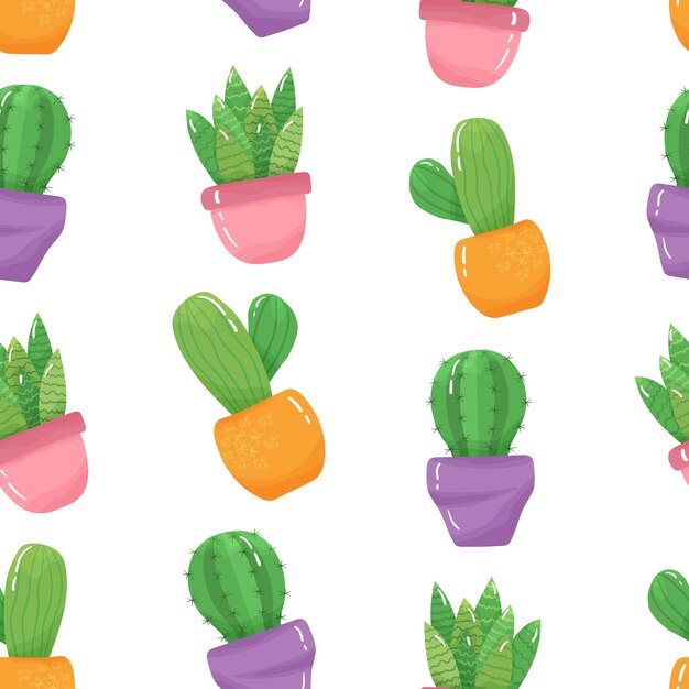 Seamless pattern with cartoon cute green cactuses with spikes in orange pink purple pots