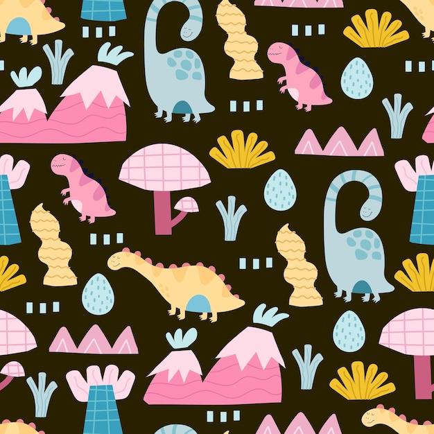 seamless pattern with cartoon dinosaurs, decor elements