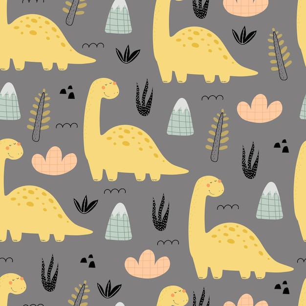 seamless pattern with cartoon dinosaurs, decor elements