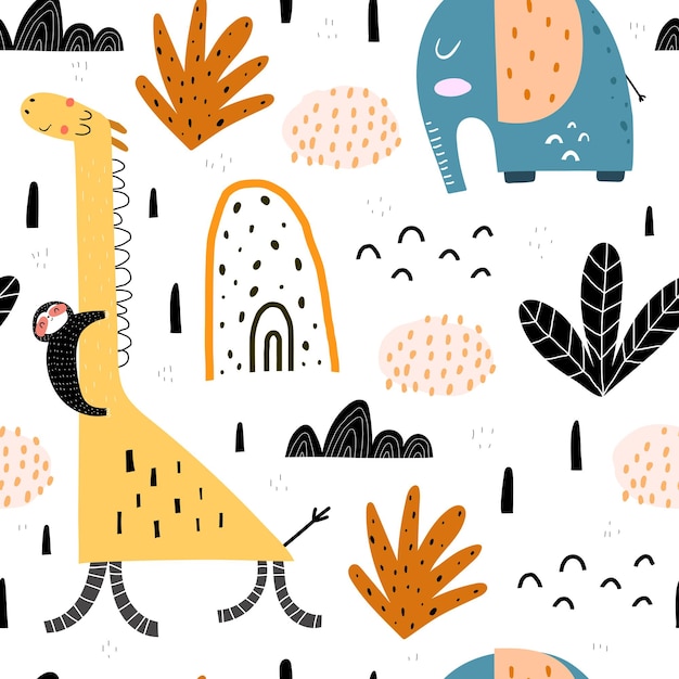 Vector seamless pattern with cartoon elephants giraffe sloths