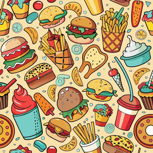 Vector seamless pattern with cartoon fast food items