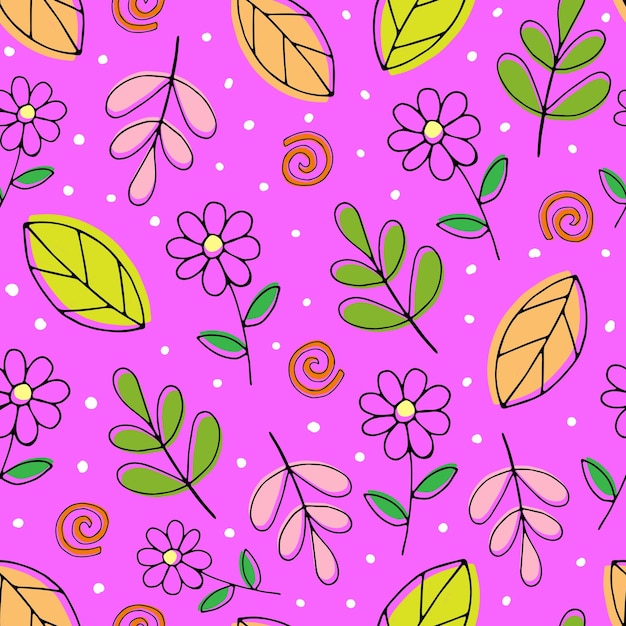 seamless pattern with cartoon flowers, twig