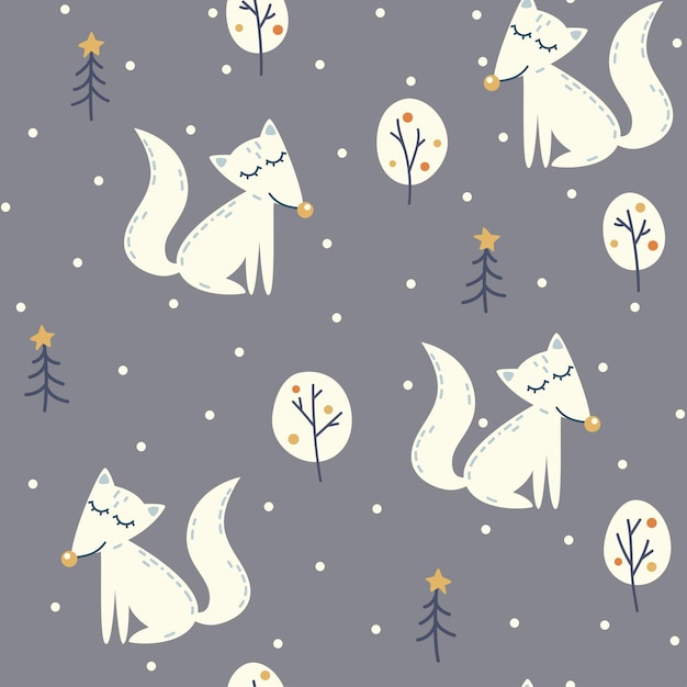 Seamless pattern with cartoon fox christmas trees and snowfall