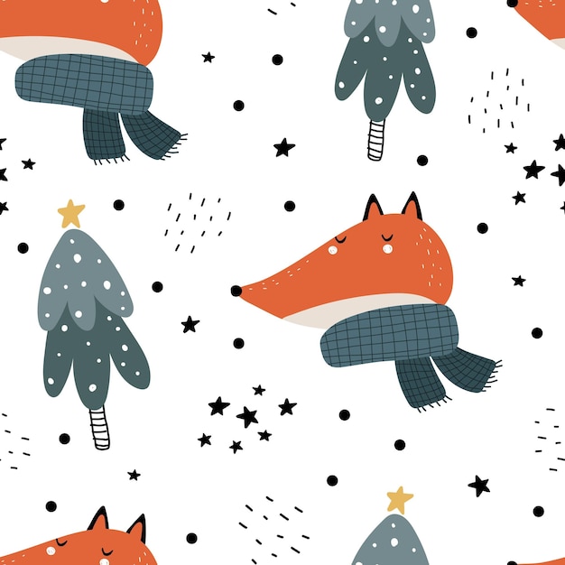 Seamless pattern with cartoon foxes, trees, decor elements