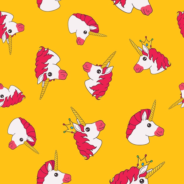 Seamless pattern with cartoon funny fairy princess unicorn on yellow background