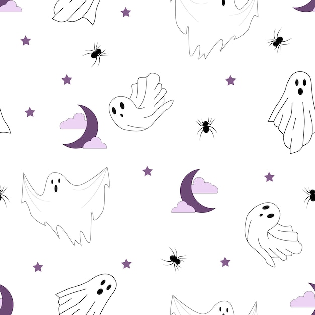 Seamless pattern with cartoon ghosts spiders and moon Halloween background