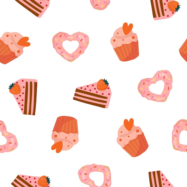 Seamless pattern with cartoon heart shaped donut muffin cake Background for wrapping paper