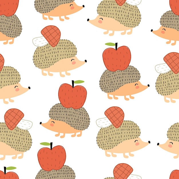 seamless pattern with cartoon hedgehogs, apple