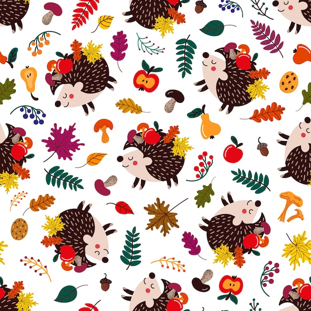 Seamless pattern with cartoon hedgehogs