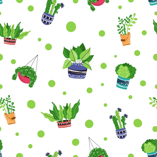 Seamless pattern with cartoon house potted plants 