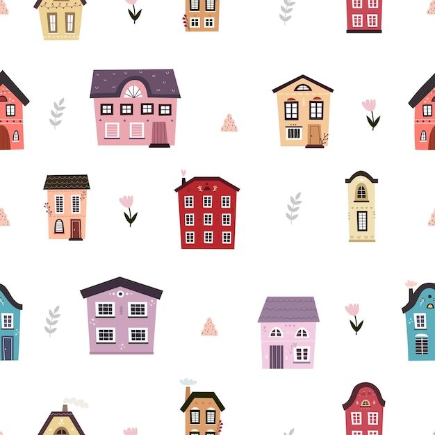 seamless pattern with cartoon houses