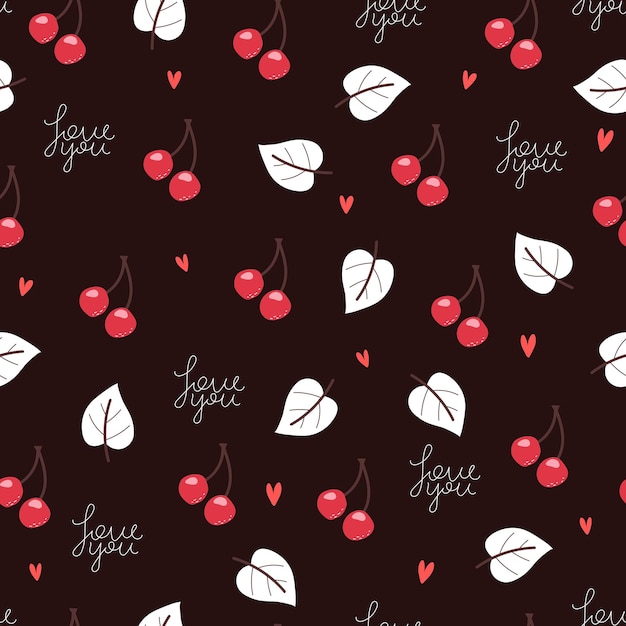 Seamless pattern with cartoon leaves, berries, decor elements