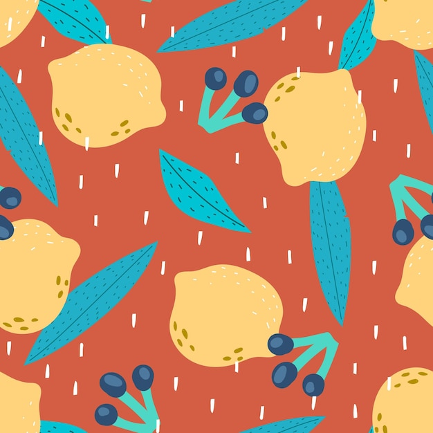 Seamless pattern with cartoon lemons, leaves