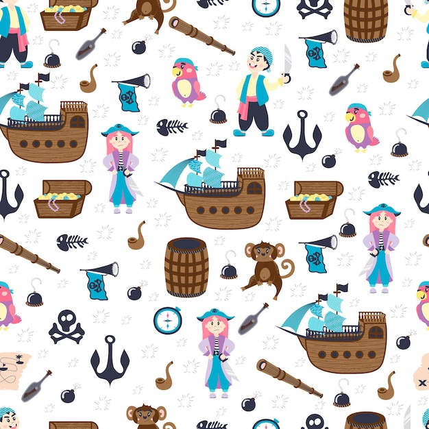 seamless pattern with cartoon little pirates parrot trumpet fanfare ship flags skull bones