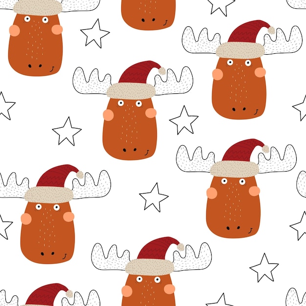 Seamless pattern with cartoon moose, decor elements