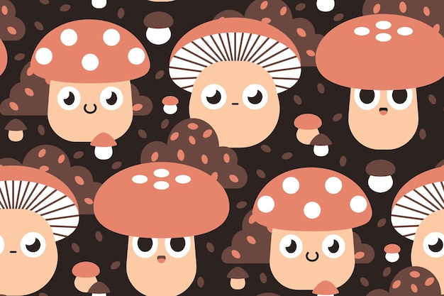 Seamless pattern with cartoon mushrooms Composition of pink mushrooms with cute faces on a dark background Retro design for various surfaces Vector illustration