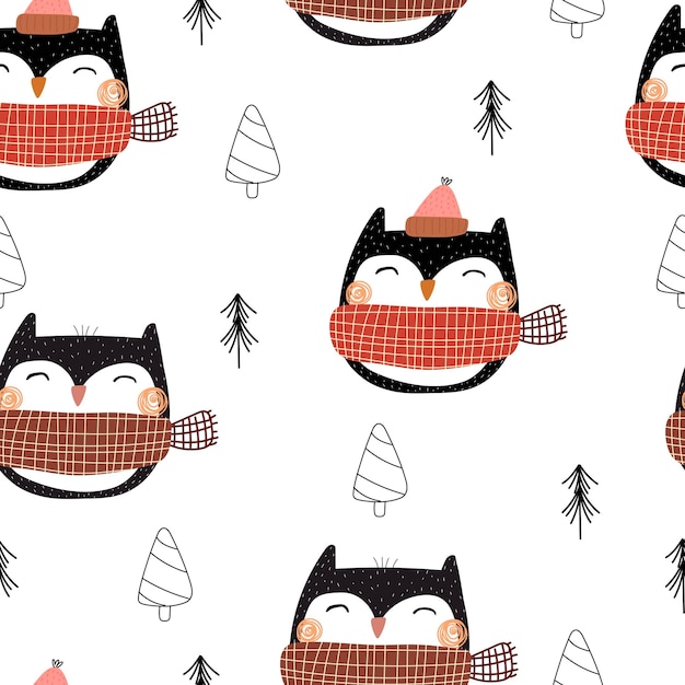 Seamless pattern with cartoon owls, decor elements