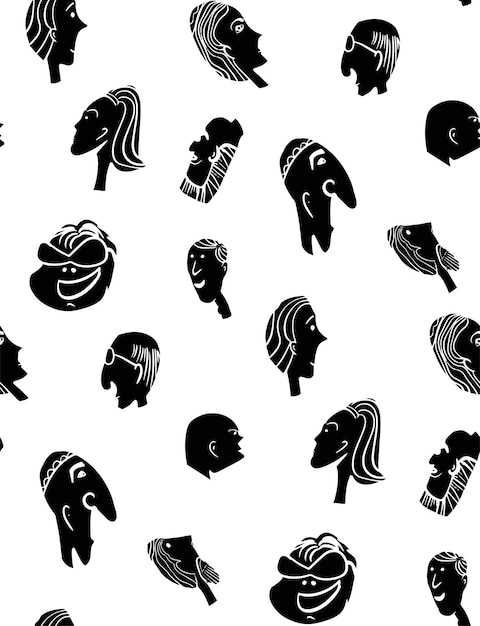 Seamless pattern with cartoon people faces in black and white color