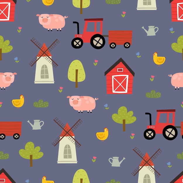 Seamless pattern with cartoon pig, chicken, tractor, mill, tree, decor elements. Farm.