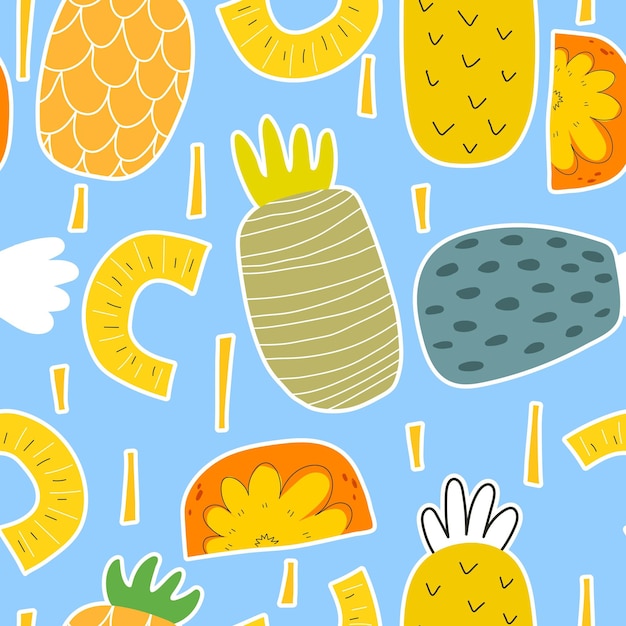 Vector seamless pattern with cartoon pineapple oranges