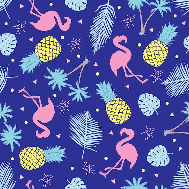 Seamless pattern with cartoon pink flamingo