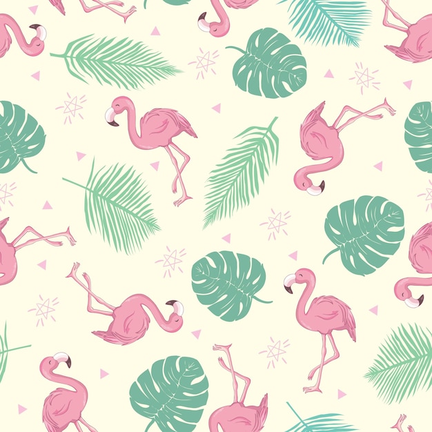 Seamless pattern with cartoon pink flamingo