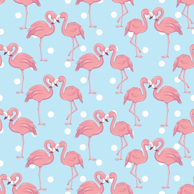 Seamless pattern with cartoon pink flamingo