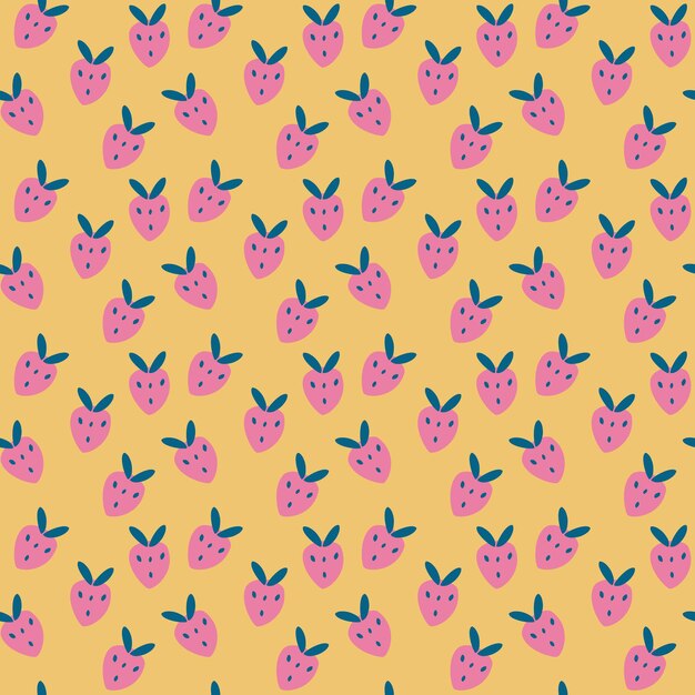 Seamless pattern with cartoon pink strawberries Yellow background ripe strawberries